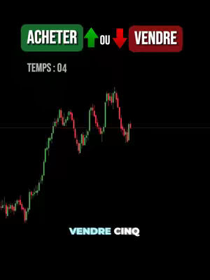 The image features a black background overlaid with a green and red candlestick chart representing trading data. At the top, there's a green box labeled 'ACHETER' with an upward arrow and a red box labeled 'VENDRE' with a downward arrow. Below the boxes, the text 'TEMPS : 04' is present. At the bottom of the image, 'VENDRE CINQ' is written in a gradient font, hinting at a 'sell five' trading strategy.