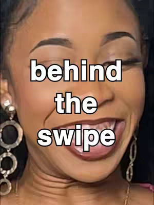 The cover image is a close-up of a woman's face, with the upper portion of her head cropped out. The woman has flawless makeup, including defined eyebrows, long eyelashes, and a light blush. Her mouth is open in a wide smile, revealing her teeth. The overlaid text 'behind the swipe' is in a bold, white font with a black outline. The background is a dark color.