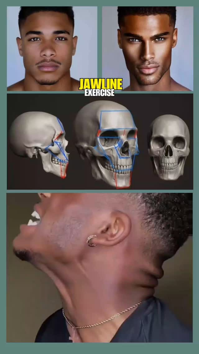 The cover image is a composite designed to illustrate jawline exercises. It's divided into sections. The top section features two portraits of men with chiseled jawlines side-by-side, one with a lighter complexion and the other with a darker complexion. The middle section presents anatomical illustrations of a skull, highlighting facial bone structures with blue and red lines. The bottom section showcases a close-up of a man's neck and jawline in profile, emphasizing the area targeted by the exercise, with a focus on the neck muscles and jaw with and ear earring.