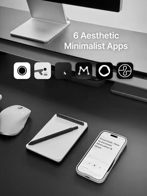 A grayscale image of a desk workspace, showing a computer monitor, phone displaying an app interface, a notepad with a pen, and a computer mouse. The top of the image has the text overlay '6 Aesthetic Minimalist Apps'