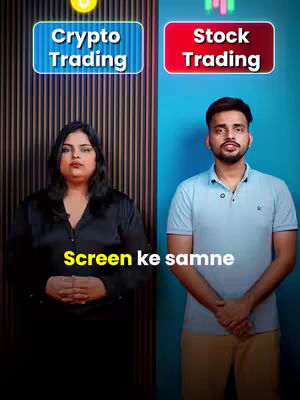 The cover image contrasts two individuals standing side-by-side. On the left, a woman in a black top stands against a vertical-striped background. On the right, a man in a light blue polo shirt stands against a solid turquoise background. Text overlays identify "Crypto Trading" above the woman and "Stock Trading" above the man, with a yellow and red background, respectively. The text "Screen ke samne" is written in yellow below.