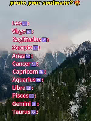 The image presents a scenic view of snow-covered mountain peaks and a lush green hillside covered by trees, with the sky a mix of blue and white clouds. Overlaid on this natural backdrop are a list of zodiac signs with their associated symbols in purple, and the title text at the top in yellow. The text is readable against the sky.