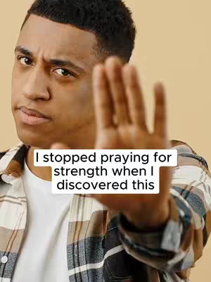 A close-up shot of a Black man with a furrowed brow and a serious expression, holding his hand up in front of his face as though to stop something. The background is a solid, light tan color. A text overlay in a white rectangle states, 'I stopped praying for strength when I discovered this.'