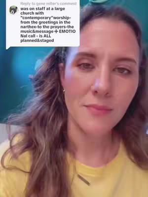 A woman with long brown hair and a yellow shirt is in the center of the image, her face dominating the frame. She is looking slightly off-camera. A speech bubble with text in it is in the top corner of the image.