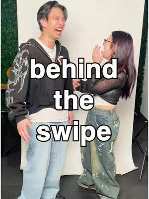 A cover image shows a man on the left, laughing. Text overlayed on the image says Behind The Swipe. On the right, a woman in glasses is covering her face in surprise.