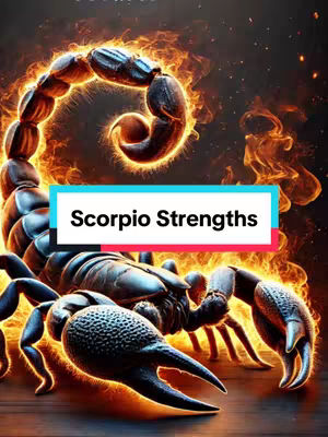 A digital artwork centered on a muscular, dark-colored scorpion set against a fiery, orange background. A blue and white banner overlayed with text is present.
