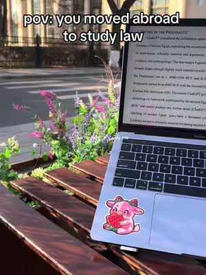 A laptop is open on a wooden bench with a scenic background. Text overlayed on the image reads 'POV: You moved abroad to study law'. The laptop displays text content, likely related to law studies, and a pink cow-like sticker with a strawberry is on the laptop. Around the laptop there are purple flowers.