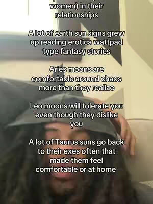 A person is wearing a black hoodie and the image has overlaid text with horoscope observations on it. 