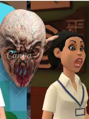 The cover image shows two cartoon characters: a zombie-like character with a decaying face and a woman with black hair wearing a white shirt. The zombie-like figure is positioned behind the woman and slightly to her left. The woman has a surprised expression with wide eyes and an open mouth.  The background is blurry, but elements like a counter and paneling are visible.