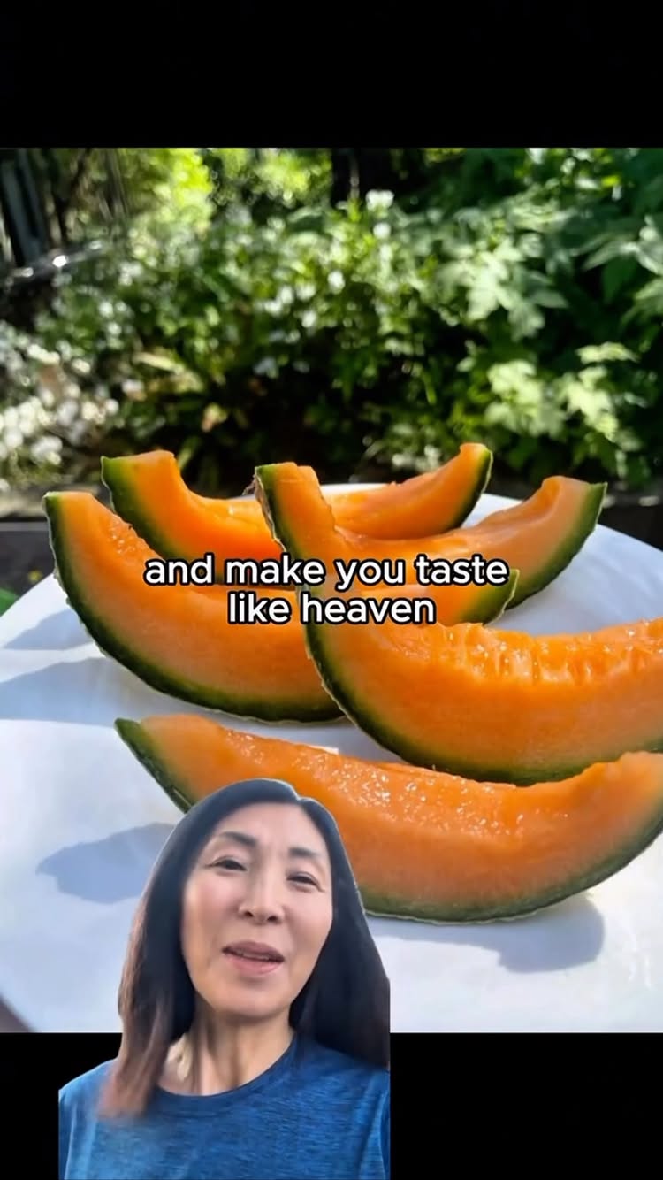 The cover image shows a woman with dark hair and a blue shirt. The background blurs green leafy areas. The foreground features a white plate with cantaloupe slices and a text overlay.