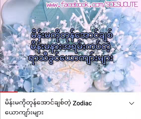 The cover image features a background of blurred blue and white hues, with what appears to be floral elements scattered throughout. Superimposed over this is a central text block, in Burmese script, suggesting a video focused on zodiac signs. The text is in a dark color, set against the softer background, making it legible. A white box contains the website address.