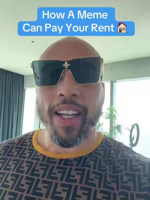 A close-up shot of a man wearing large sunglasses is the main focus. Above him, a light blue bar with white text reads, "How A Meme Can Pay Your Rent," completed with a small house icon. The man is in the foreground, with a patterned shirt and a visible background, suggesting an indoor setting.