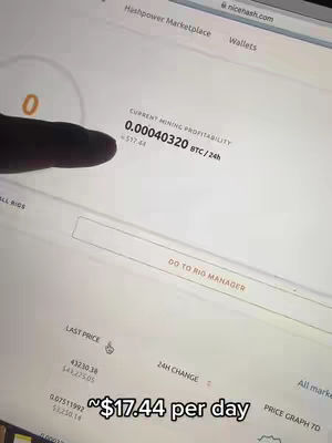 A close-up shot of a laptop screen displaying a cryptocurrency mining interface. The screen shows the current mining profitability, with a finger pointing at it. The caption '~\$17.44 per day' is written at the bottom of the screen.