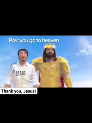 The image shows an animated scene where a man seemingly ascends to heaven, greeted by Jesus. Jesus is depicted in royal garments, with a crown and golden attire, while the man is in a more casual outfit. The background is a bright blue sky, suggesting a heavenly setting.