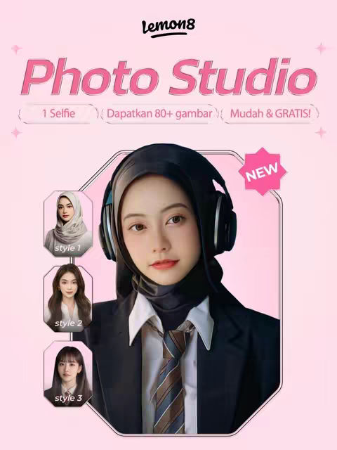 The image is a promotional graphic for Lemon8's Photo Studio feature. The layout is vertically oriented with a light pink background. The prominent element is a central photograph of a woman wearing headphones, a black hijab, and a suit jacket. She's the primary focus and wears professional attire. Above her, the Lemon8 logo is displayed. Text overlays in pink and white fonts state 'Photo Studio' and other promotional messaging. To the woman's left, are three smaller photos showcasing different style variations. A 'NEW' sticker is placed near the top right.