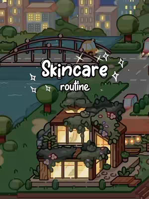 An illustrated image in a cartoon style. The scene depicts a town with a bridge, a river, buildings, and stylized trees. The foreground features a house with vines growing on it. Overlayed text reads "Skincare routine".