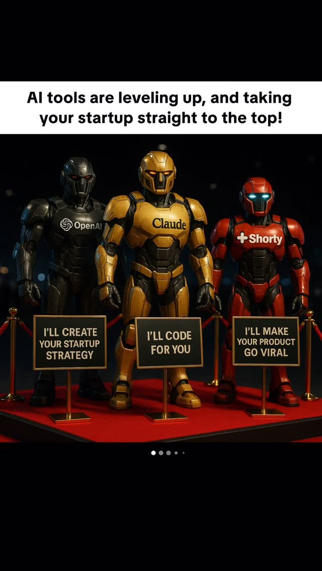 The image features three humanoid robots standing in a row, each in a different colored armor: black, gold, and red. They are positioned in front of a red carpet with velvet ropes. Text overlays indicate the purpose or service of each bot, such as creating a startup strategy, providing coding services, and making a product go viral.