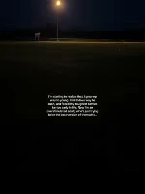 A nighttime scene with a lamppost in the center, illuminating a sparsely populated field under a dark, slightly cloudy sky. The text is overlaid on the lower portion of the image in a white font, relaying personal reflections.