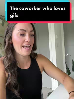 A woman is smiling at the camera, with shoulder-length brown hair. Above her, a black banner with white text reads, "The coworker who loves gifs," against a background of a teal and red box.