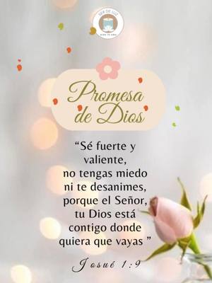 The image features a soft, dreamy aesthetic with a blurred background of neutral tones punctuated by small, colorful bokeh effects. In the foreground, a central text element in elegant script reads 'Promesa de Dios' (God's Promise). Below, a quote from Joshua 1:9 is displayed in Spanish. To the right, a delicate pink rose adds a touch of natural beauty. The composition is balanced and evokes a sense of peace and spirituality.
