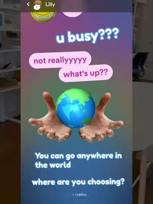 A screenshot of a chat interface with text bubbles and images. The background transitions from pink to purple to blue. A pair of hands cupping a globe is in the center.