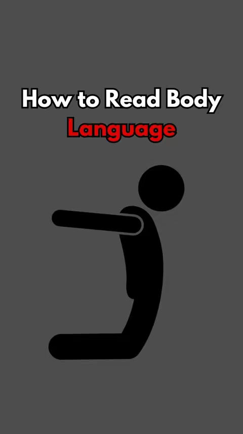 A dark gray background with white text overlays: 'How to Read Body Language.' A black stick figure in the center depicts a person with arms outstretched, and one knee bent.
