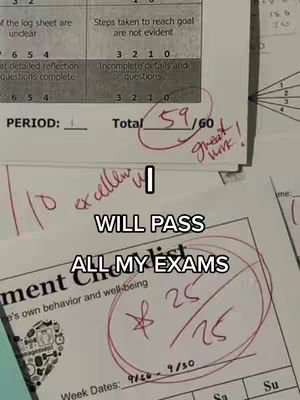 The cover image shows several pages of academic work, including a graded assignment with a score of 59/60 and the words 'Great Work!' written next to it. Below, another page with a circled score of 25/25 is visible. Overlayed text reads, 'I WILL PASS ALL MY EXAMS,' in a bold, sans-serif font.