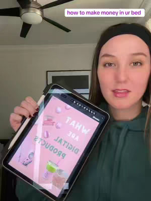 A woman holds an open tablet, the screen displaying text and graphics about digital products. Additional text appears in a rounded rectangle in the top right corner. The woman is in front of a ceiling fan.