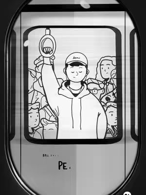 A black and white illustration depicting a man inside a subway car, holding onto a handrail above his head, surrounded by other passengers. The artwork is enclosed within a stylized frame suggesting a train window.