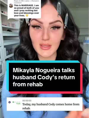 The cover image shows a woman, likely Mikayla Nogueira, in a selfie-style video. She is looking slightly up and to the side with a neutral expression, with several hair clips in her hair. A text overlay in a teal and red rectangle reads "Mikayla Nogueira talks husband Cody's return from rehab," and another white box with text is at the bottom indicating time and a sentence about Cody returning home.