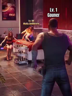 A video game scene showing three female characters in what appears to be a spa setting, with a male character in focus in the foreground.