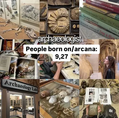 The image is a collage featuring various elements related to archaeology. It includes images of ancient artifacts, books, a person looking up at a sculpture, and text overlay. A sign saying "Archaeology Lab" is also present.