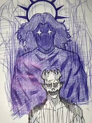 An illustration depicting two figures. One, a large, shadowy form with a halo, appears to be behind the smaller, more detailed figure in the foreground. The smaller figure seems to appear evil or twisted. The background is filled with intricate, pen-like strokes.