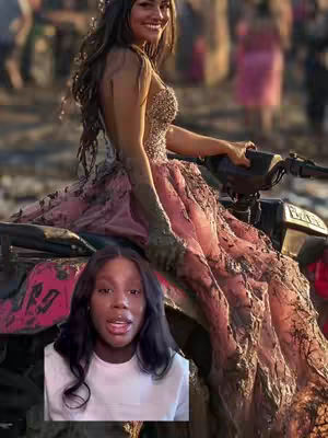 A woman in a dirty wedding dress sits on an ATV. A video of a creator's face is overlaid in the bottom center.