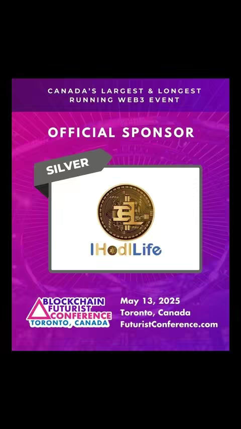 A promotional graphic for a web3 conference. The top of the image has a gradient from purple to pink. The middle features a white rectangle with the text "OFFICIAL SPONSOR" and a silver diagonal banner that says "SILVER". Inside the rectangle is a gold coin with a detailed design, featuring a stylized "Eth" symbol and the text "IHodlLife" in a white font.