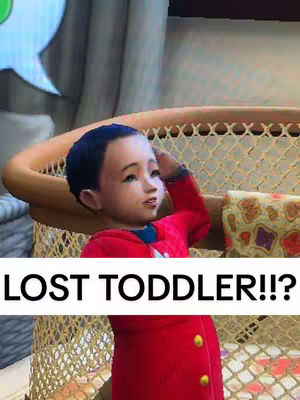 A screenshot from a video game The Sims 4 showing a toddler looking upwards with their hand on their head, framed within a decorative crib, with text overlayed.