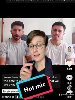 A cover image featuring three individuals on a video call. The woman in the center is wearing glasses and pointing, while the two men are in the background. A rectangular graphic with the text 'Hot mic' appears on the bottom. Additional UI elements include comments and a tick-tock logo.