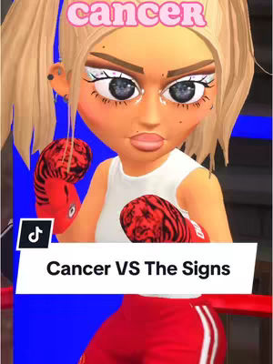 The cover image features a cartoonish character in a boxing pose. The character is depicted as a blonde woman with pigtails, wearing a white tank top, red boxing gloves, and red shorts, with a white band with the text \"Cancer VS The Signs\". The background seems to be the inside of a boxing ring with blue and black lining.