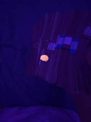 The image is dark and appears to be taken in a low-light environment, possibly a room with a blue light source. The primary focus seems to be on a collection of objects arranged on a surface, potentially a table or countertop. The objects appear to be stacks of what could be money. Adjacent to these items is a light orange shape. The overall composition is indistinct due to the low light.
