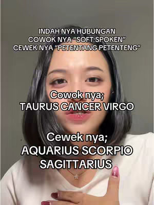 A woman is centered in the frame, looking at the camera. Text overlays list phrases and zodiac signs. She has medium-length dark hair, fair skin, and a light-colored top. A pale background completes this simple image.
