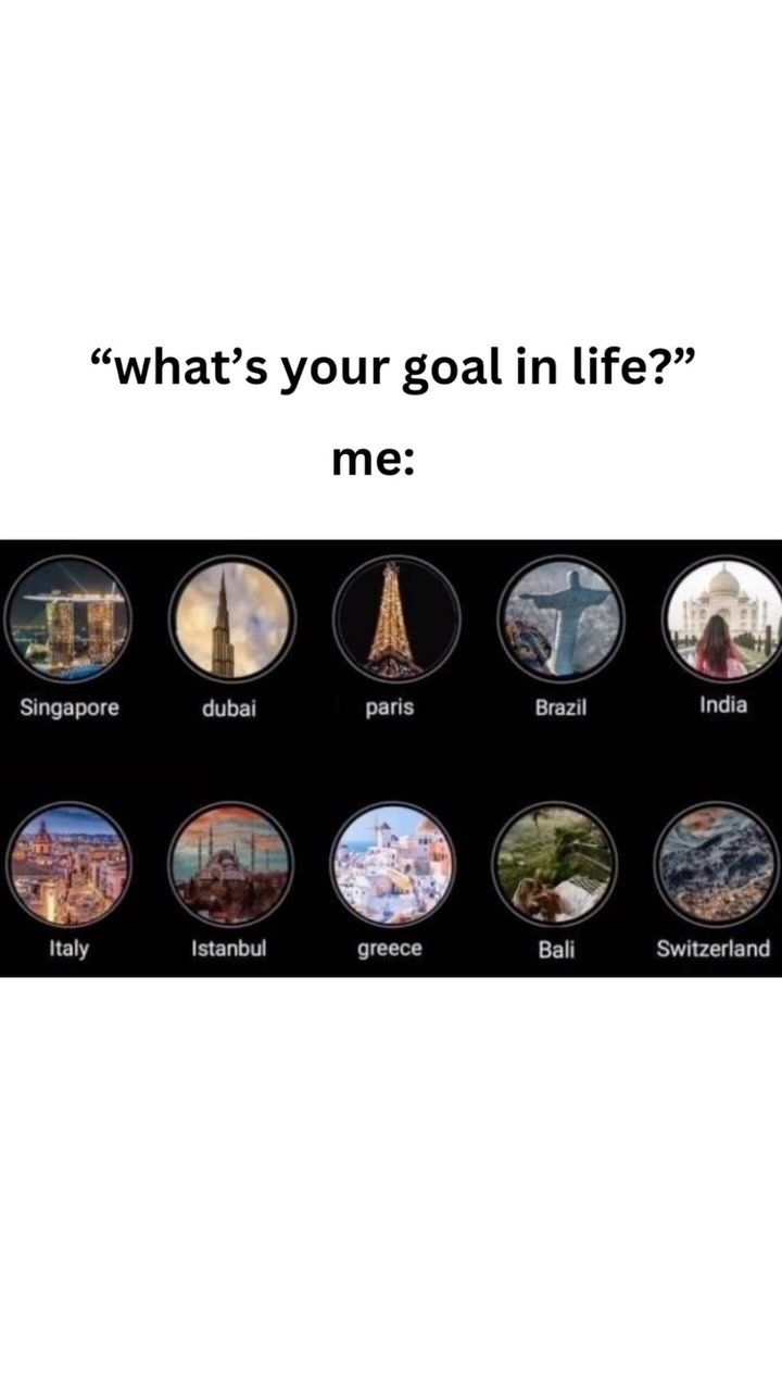 The image is a humorous layout with a white background. At the top, there is black text that reads "what's your goal in life?" and then "me:" below it. Underneath these words, there are 10 circular profile pictures in two rows. Each picture shows a famous landmark or location, labeled with a city or country name, such as Singapore, Dubai, Paris, Brazil, India, Italy, Istanbul, Greece, Bali, and Switzerland.