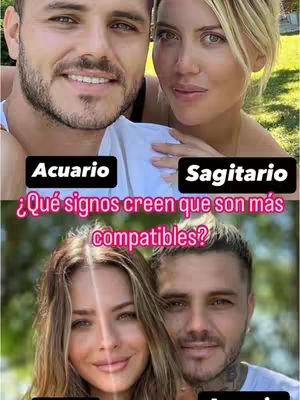 The image is a split-screen showcasing two celebrity couples. The top section features a close-up of a man and woman, while the bottom section presents another couple. Above the top couple, text labels identify 'Acuario' and 'Sagitario'. Overlaid on the image are the questions: 'Acuario y Sagitario o Acuario y Piscis ? Qué pensas?' and '¿Qué signos creen que son más compatibles?' The image is brightly lit, and the background is neutral.
