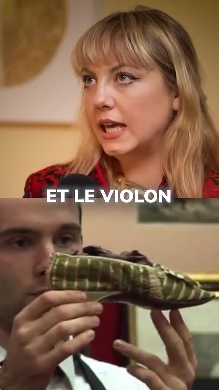 The cover image shows a split screen. The top half features a fair-skinned woman with blonde hair speaking, while the bottom half displays a man holding up an ornate shoe. The woman is looking toward the right of the frame and talking, while the man is holding the shoe in front of him with both hands, looking toward it. The text overlay says "ET LE VIOLON".
