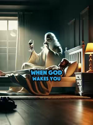 An AI-generated image depicts a man lying in bed, seemingly awakened, with a divine figure hovering above him. The figure, reminiscent of an aged man with a long white beard and flowing robes, holds a glass of wine. A window with light streaming in illuminates the scene. The text overlayed on the image states 'WHEN GOD WAKES YOU'