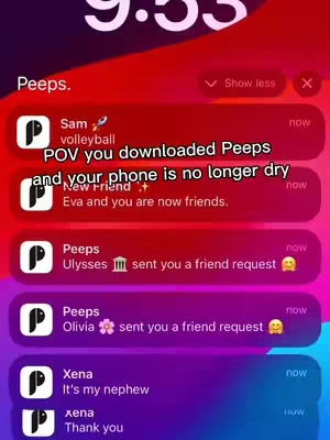 The image shows a phone screen displaying a list of notifications from the 'Peeps' app. The background is a gradient of red, purple, and blue. A text overlay describes the scene.