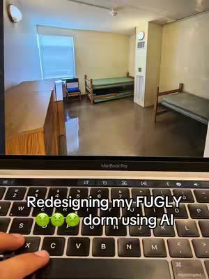 The cover image shows a laptop displaying a dorm room interior on screen. Text overlay 'Redesigning my FUGLY dorm using AI' is present. The laptop keyboard is visible in the foreground.
