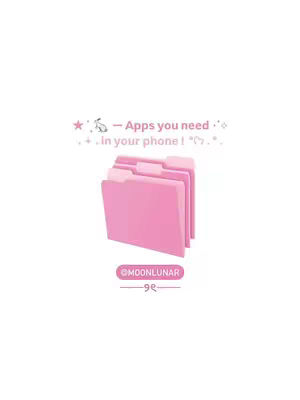 The image features a minimalist design with a white background. In the center, there are three pink folders stacked vertically, slightly angled. Above them, text is overlaid which says 'Apps you need'. The text is accented with small stars and a bunny graphic. Below the folders there is text with pink background.