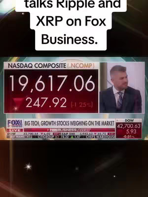 A man in a dark suit and tie is on a television screen showing a market recap. The background shows a live feed of the NASDAQ composite and a market ticker scrolling below the main screen. The text overlay at the top of the screen reads, "talks Ripple and XRP on Fox Business."