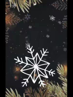 A vertical image with a black background, covered with small white sparkling dots that resemble falling snow. Overlaid on this is a mix of snowflakes, mostly white with some light-gold edges and outlines. At the top and bottom, there are green pine branches in the corners.