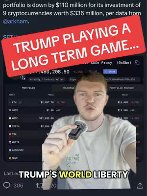 The cover image features a man holding a microphone and speaking. A red box overlay with white text reads 'TRUMP PLAYING A LONG TERM GAME...' A screen behind shows financial data with a headline at the top. Text at the bottom reads 'TRUMP'S WORLD LIBERTY'.
